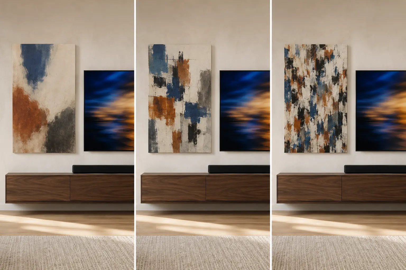 Three equal-size canvases beside the same active abstract screen showing low, medium and high internal mark frequency