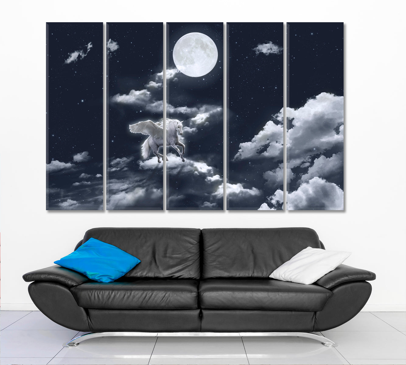 SKYSCAPE White Winged Horse Full Moon Skyscape Canvas Artesty 5 panels 36" x 24" 