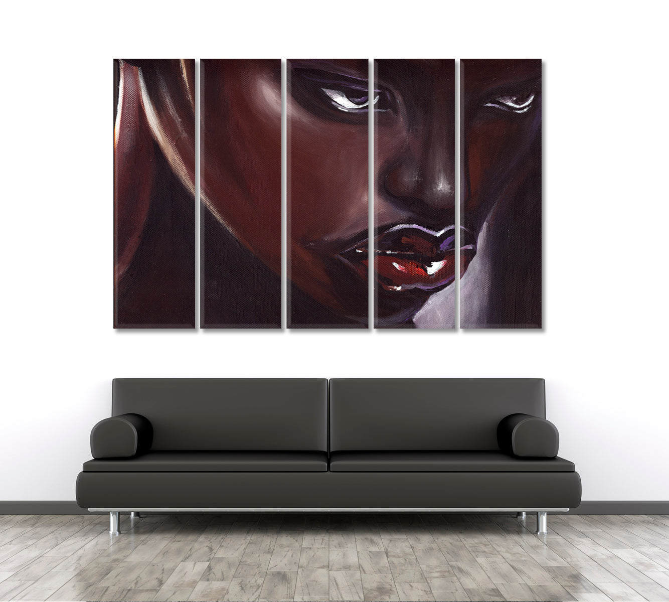 RED LIPS African American Woman Beautiful Black Girl Striking Eye-catching African Style Canvas Print Artesty 5 panels 36" x 24" 