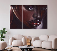 RED LIPS African American Woman Beautiful Black Girl Striking Eye-catching African Style Canvas Print Artesty 3 panels 36" x 24" 