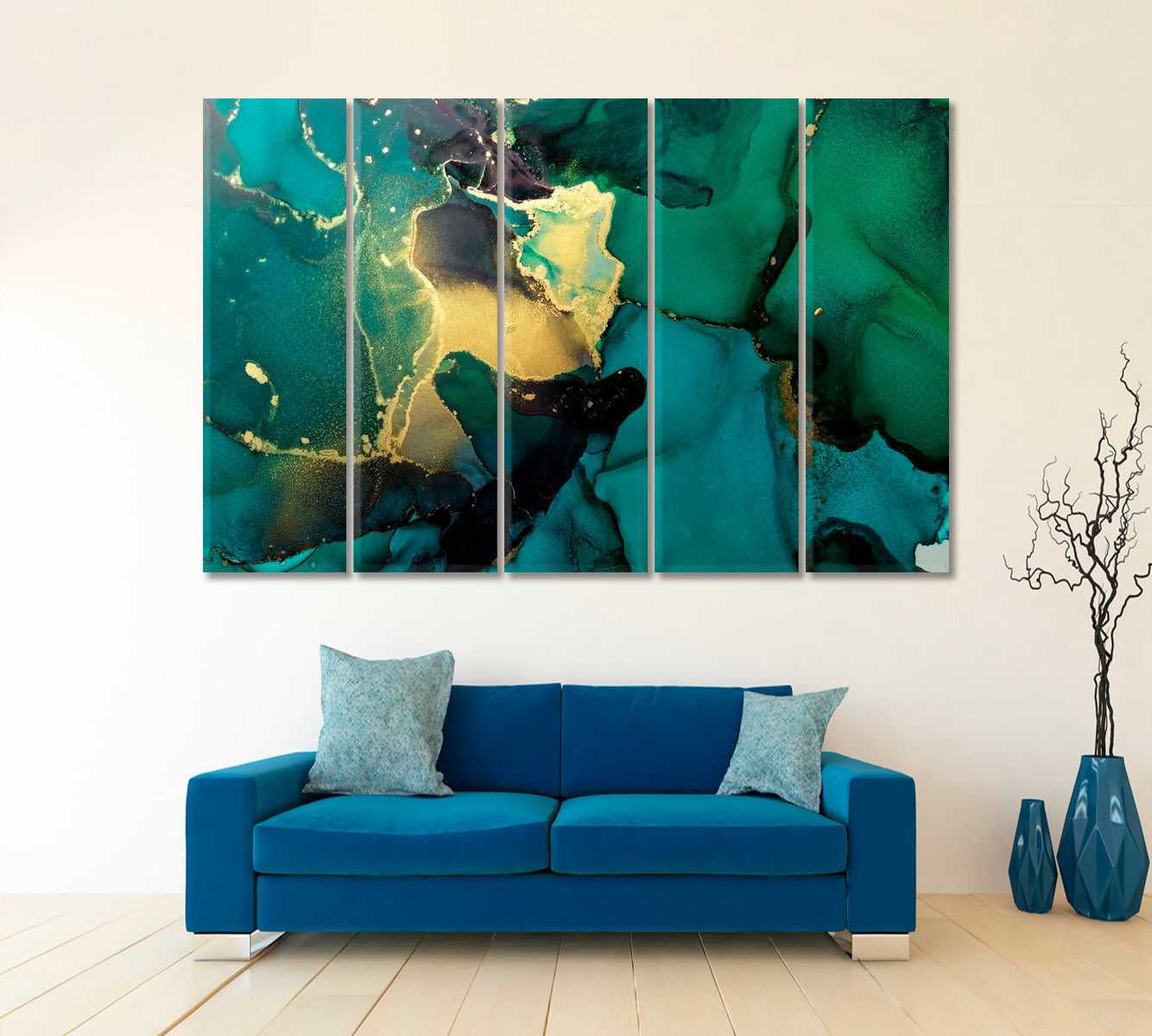 Luxury Abstract Fluid Art Painting Alcohol Ink Green and Gold Fluid Art, Oriental Marbling Canvas Print Artesty 5 panels 36" x 24" 