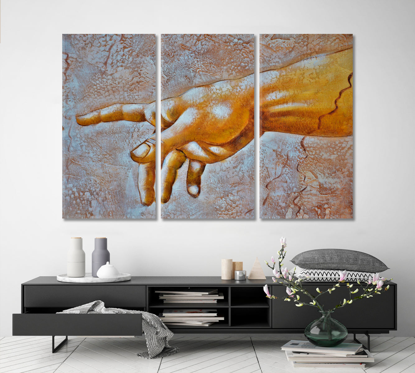 HAND OF GOD Religious Da Vinci Style Religious Modern Art Artesty 3 panels 36" x 24" 