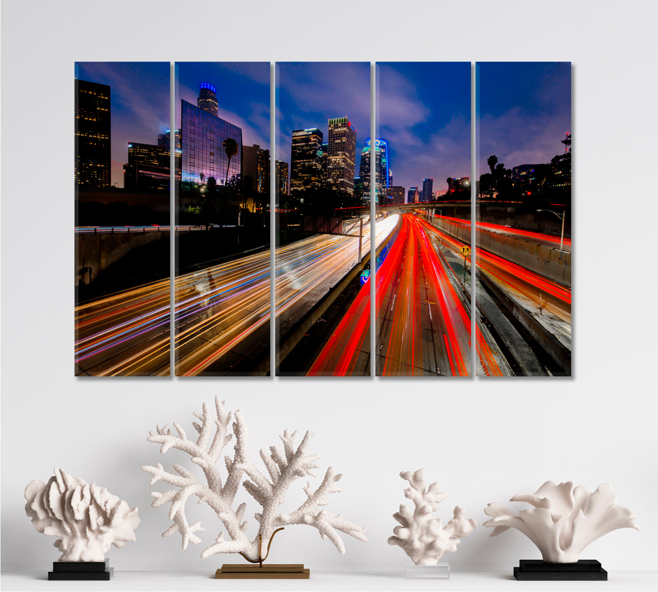ROADS TRAILS Streaked Car Lights Road To Downtown Los Angeles Cities Wall Art Artesty 5 panels 36" x 24" 
