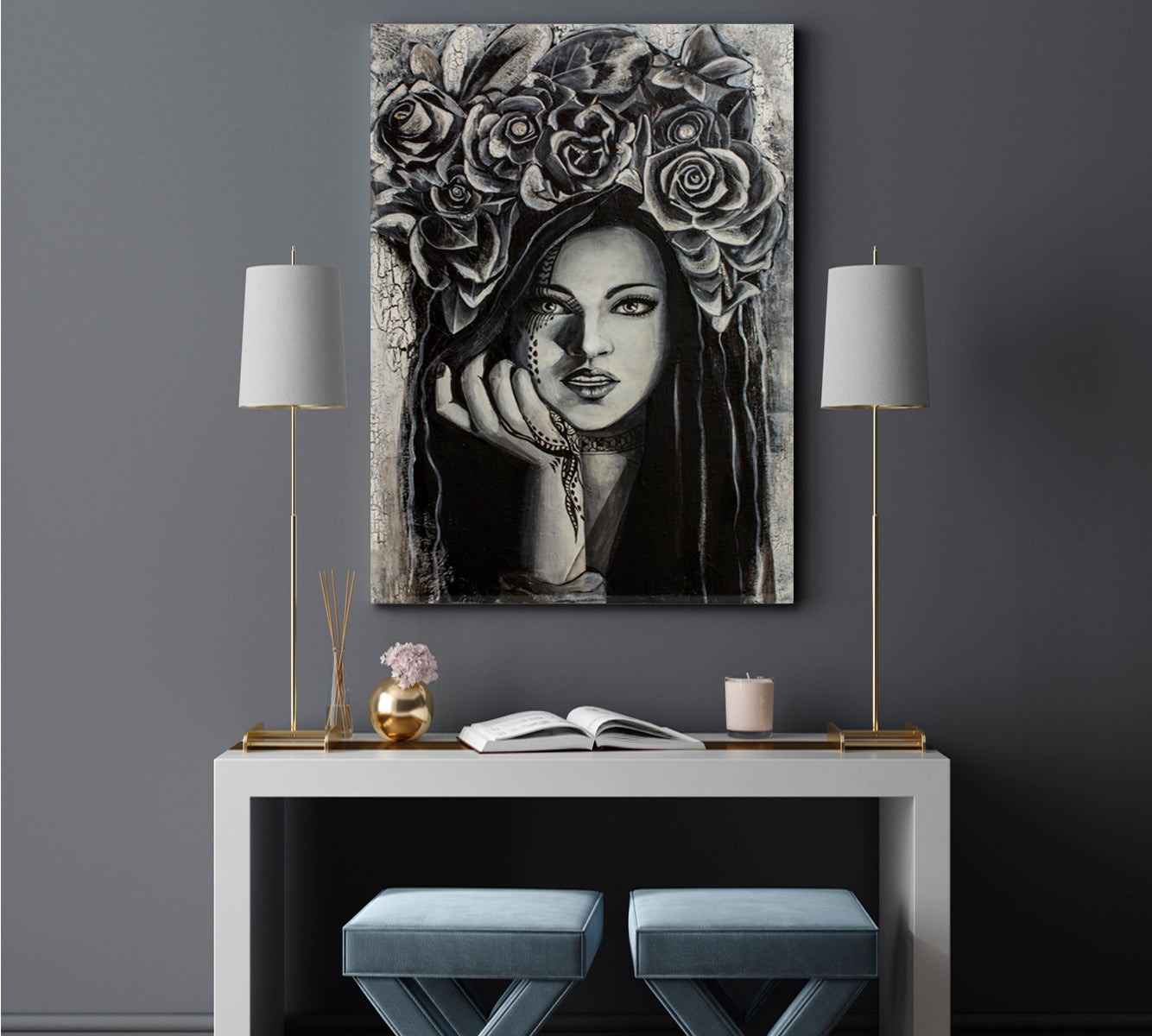 GIRL WITH CROW FLOWERS Beautiful Woman - Vertical 1 panel Black and White Wall Art Print Artesty   