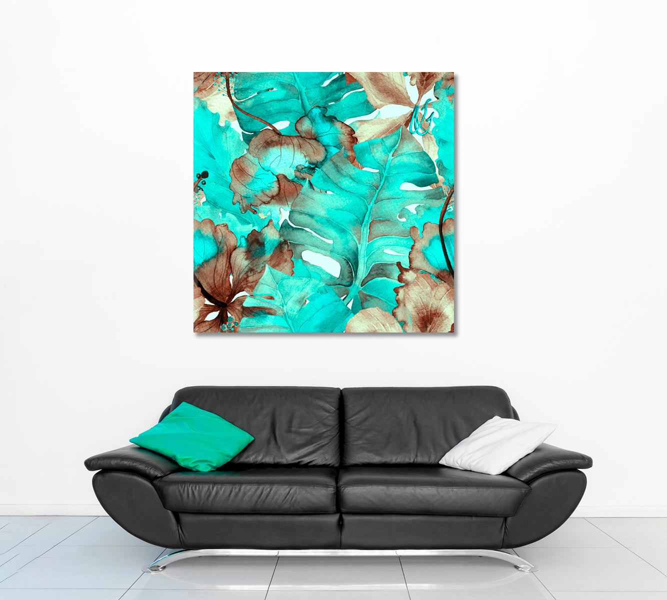 SUMMER HAWAIIAN Turquoise Green Watercolor Tropical Leaves Tropical, Exotic Art Print Artesty   