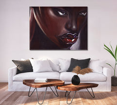 RED LIPS African American Woman Beautiful Black Girl Striking Eye-catching African Style Canvas Print Artesty 1 panel 24" x 16" 
