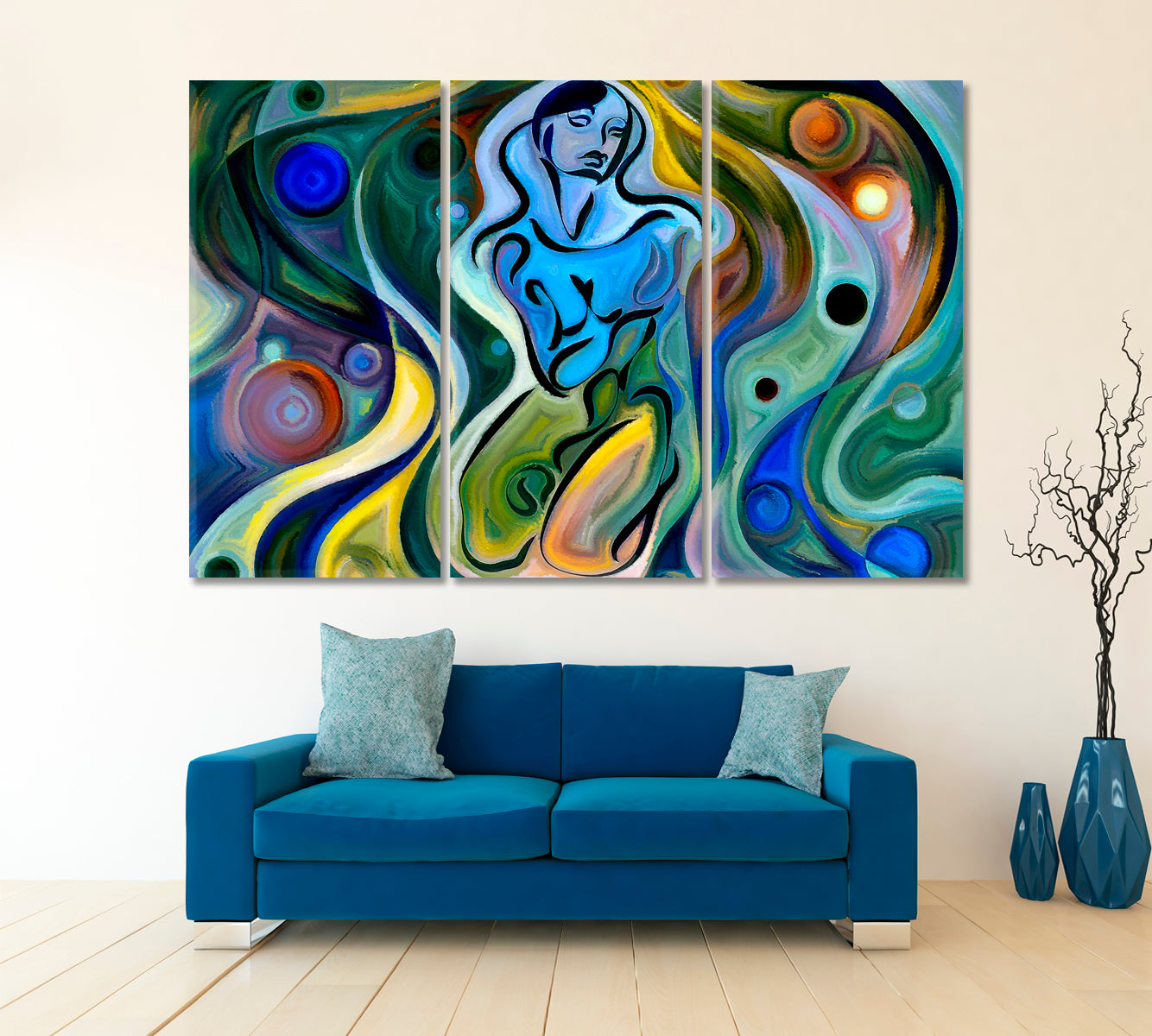 Soul And Being Curves in Colors Beautiful Abstraction Contemporary Art Artesty 3 panels 36" x 24" 