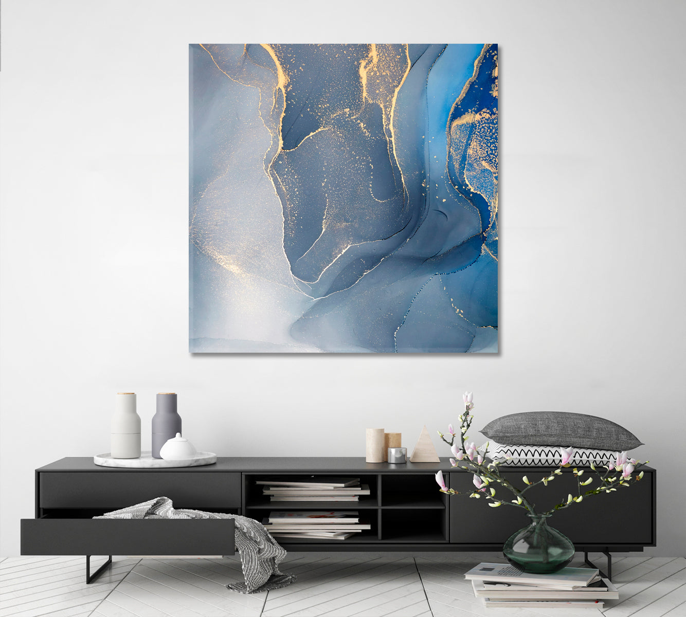 ABSTRACT MARBLE Tender Blue Modern Art Fluid Art, Oriental Marbling Canvas Print Artesty   