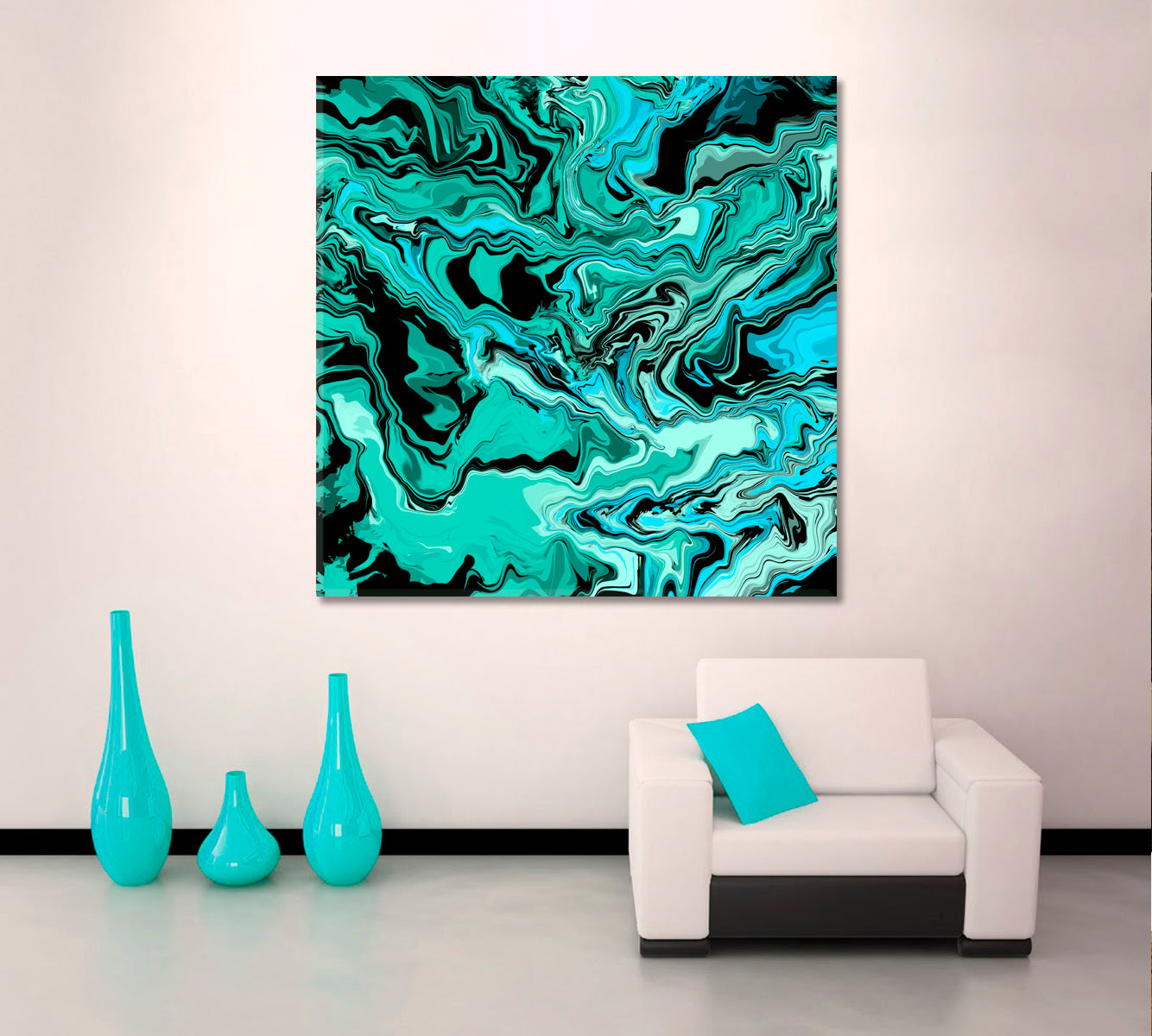 MARBLING Abstract Turquoise Black Waves Fluid Art, Oriental Marbling Canvas Print Artesty   