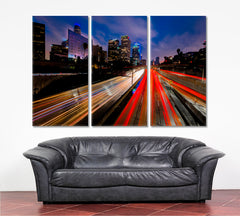 ROADS TRAILS Streaked Car Lights Road To Downtown Los Angeles Cities Wall Art Artesty 3 panels 36" x 24" 