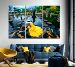 POND WITH KOI FISH Beautiful Bali Tirta Gangga Water Palace Photo Art Artesty 3 panels 36" x 24" 