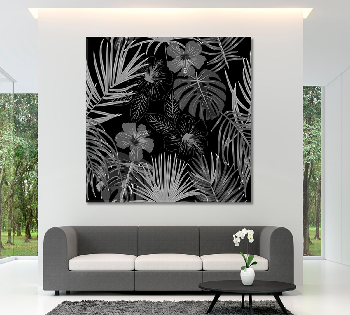 Abstract Monstera Flowers Tropical Jungle Leaves Palm Tree B & W Tropical, Exotic Art Print Artesty 1 Panel 12"x12" 
