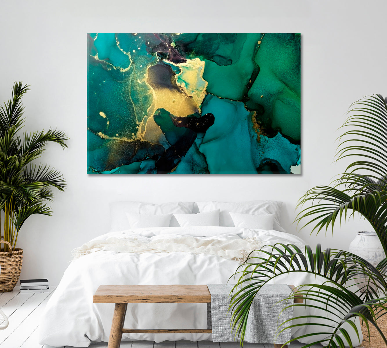 Luxury Abstract Fluid Art Painting Alcohol Ink Green and Gold Fluid Art, Oriental Marbling Canvas Print Artesty   