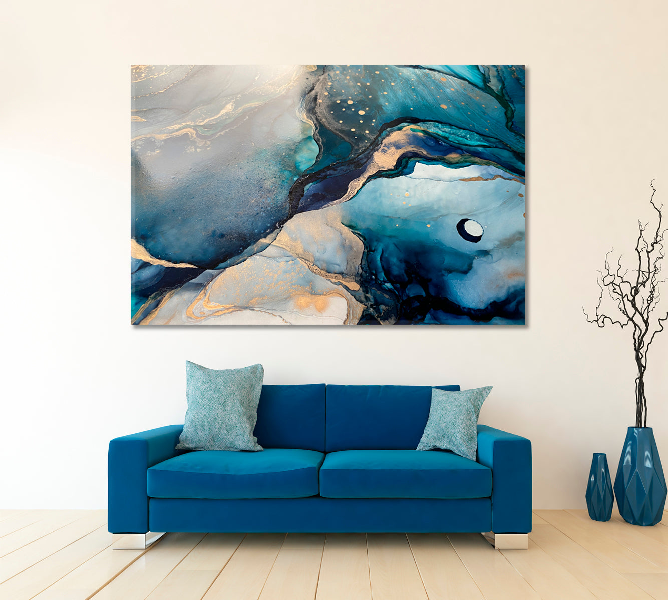 LIGHT BLUE Abstract Marble Acrylic Fluid Art Fluid Art, Oriental Marbling Canvas Print Artesty 1 panel 24" x 16" 