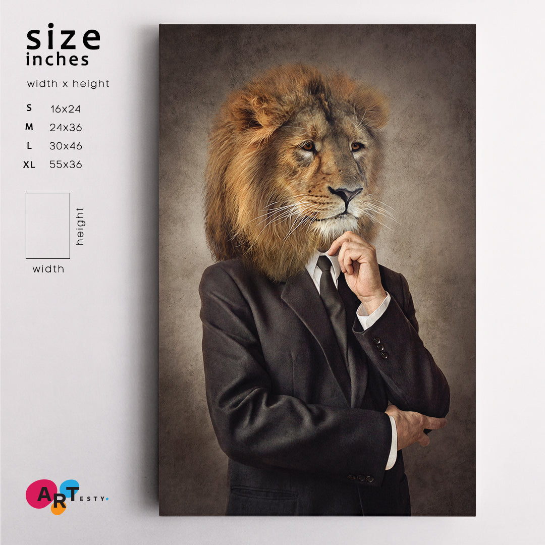 Lion in Suit Lion-headed Man Human Animals Poster Office Wall Art Canvas Print Artesty   