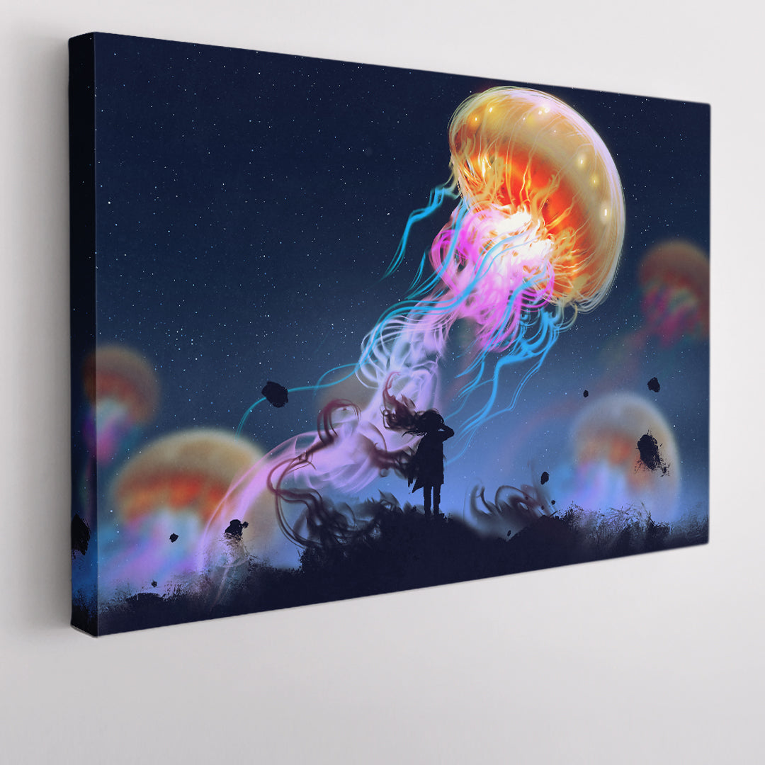 Giant Jellyfish Floating in Sky And Girl Surreal Painting Surreal Fantasy Large Art Print Décor Artesty 1 panel 24" x 16" 