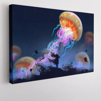 Giant Jellyfish Floating in Sky And Girl Surreal Painting Surreal Fantasy Large Art Print Décor Artesty 1 panel 24" x 16" 