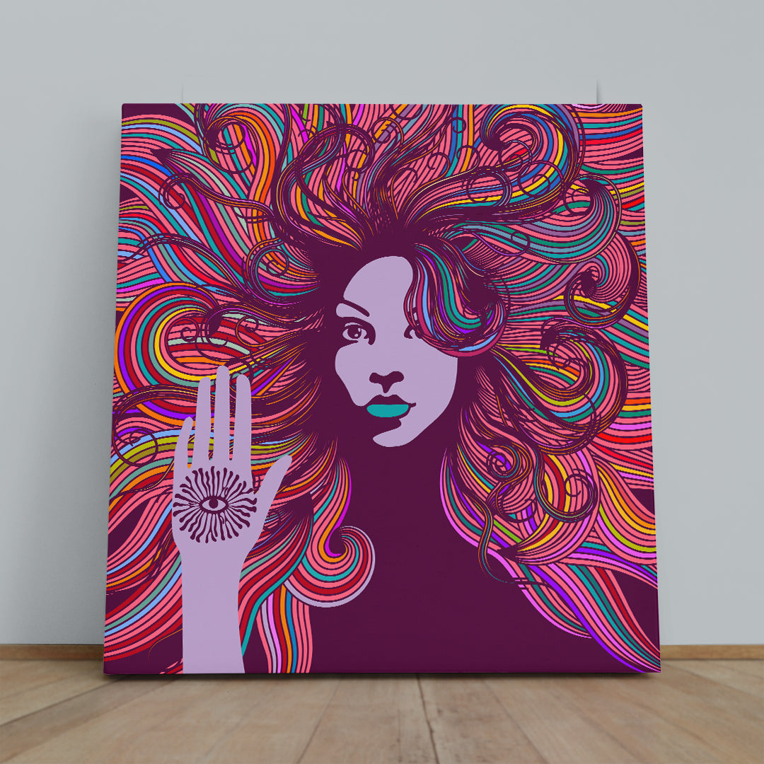 Psychedelic Portrait Hippie Woman Colorful Hair Evil Eye Protection Religious Modern Art Artesty   