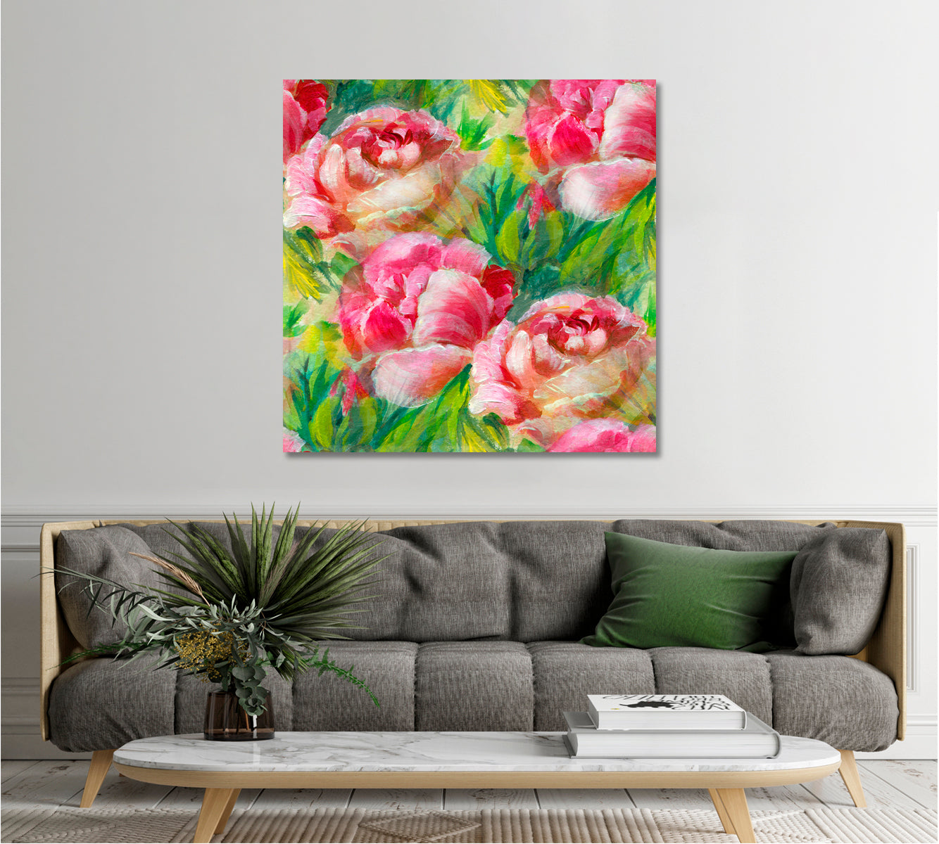 SPRING SOUL Vivid Floral Pattern Pink Peony - Square Panel Floral & Botanical Split Art Artesty   