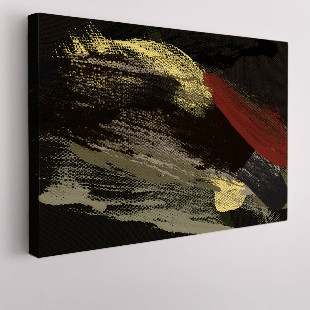 Red Yellow Khaki Brush Strokes Of Fat Paint On Black Modern Art Abstract Art Print Artesty 1 panel 24" x 16" 