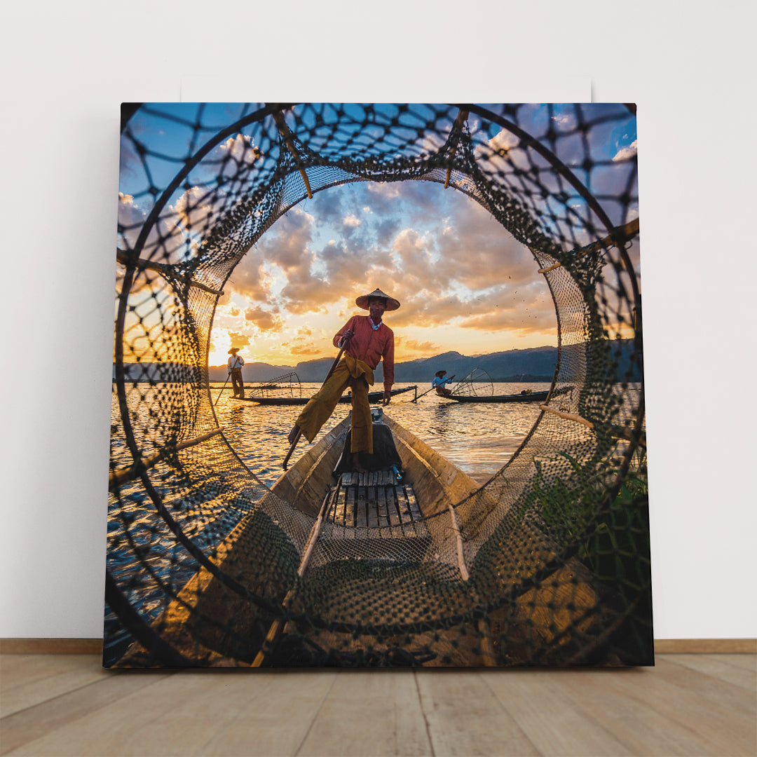 FISHERMEN AT SUNSET Inle Lake Intha Myanmar Burma Traveling Around Ink Canvas Print Artesty 1 Panel 12"x12" 