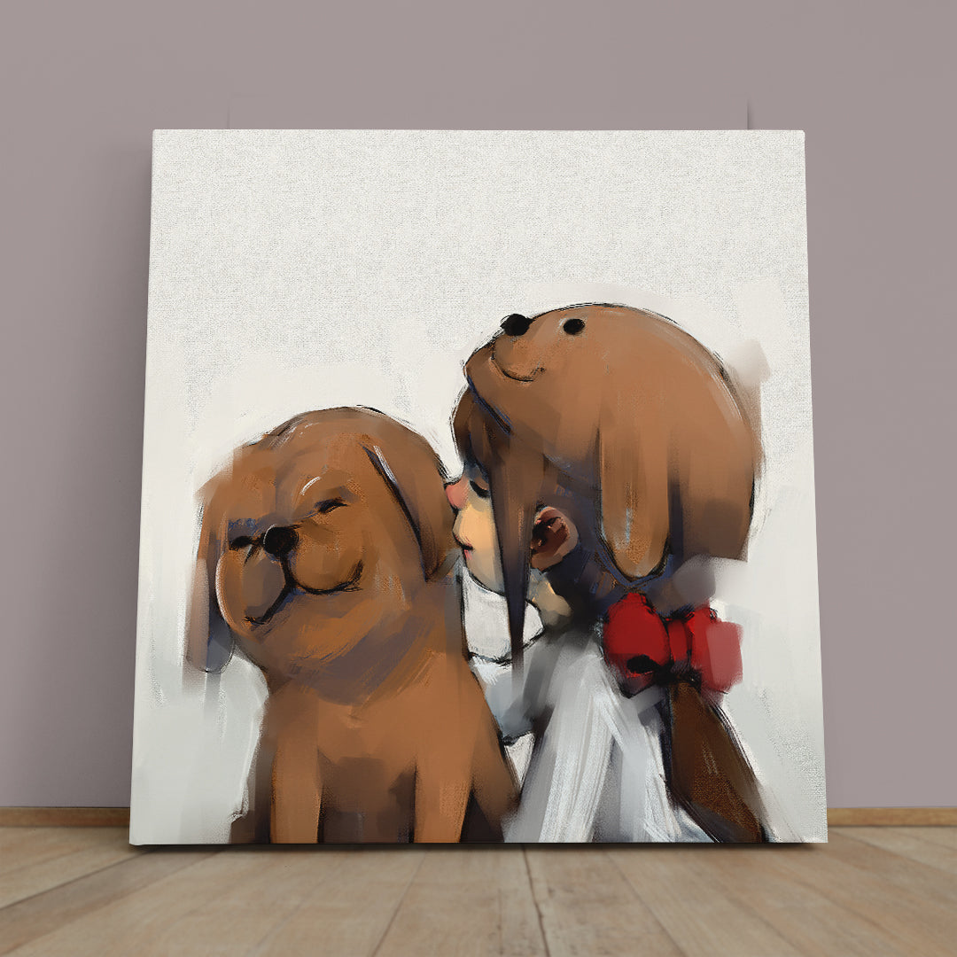 Cute Girl And Little Dog Sweet Art For Kids Kids Room Canvas Art Print Artesty 1 Panel 12"x12" 