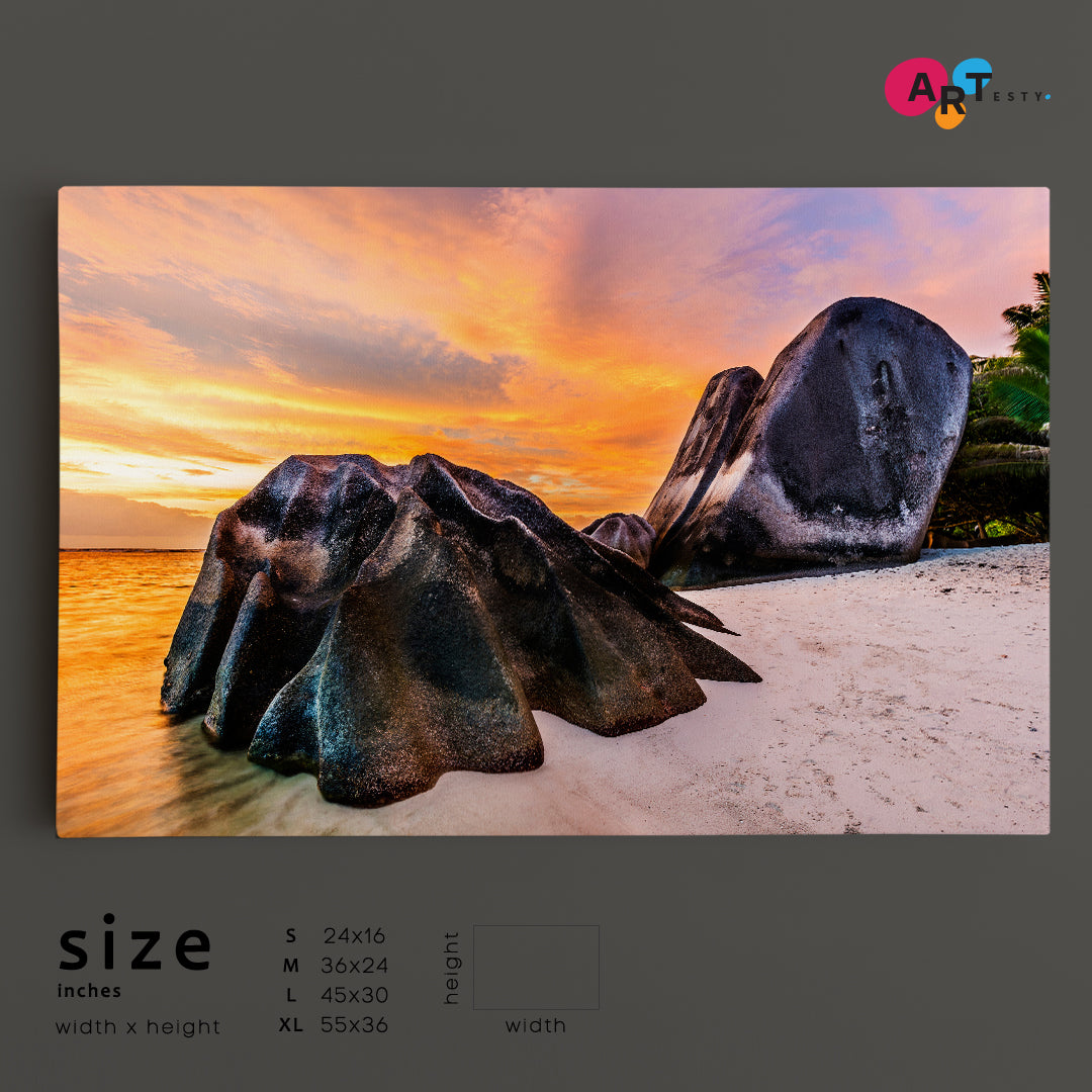 SEYCHELLES ISLAND Shaped Granite Boulders Sunset White Beach Scenery Landscape Fine Art Print Artesty   