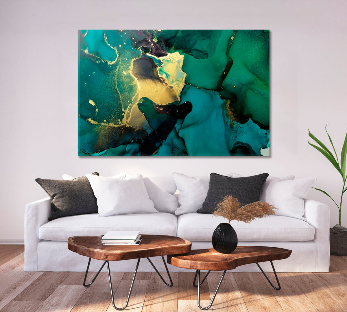 Luxury Abstract Fluid Art Painting Alcohol Ink Green and Gold Fluid Art, Oriental Marbling Canvas Print Artesty 1 panel 24" x 16" 