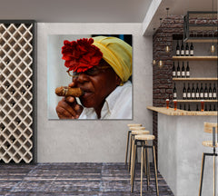 HAVANA Cuban African American Woman Cigar Smoking Head Scarf | Canvas Print - Square Panel People Portrait Wall Hangings Artesty 1 Panel 12"x12" 
