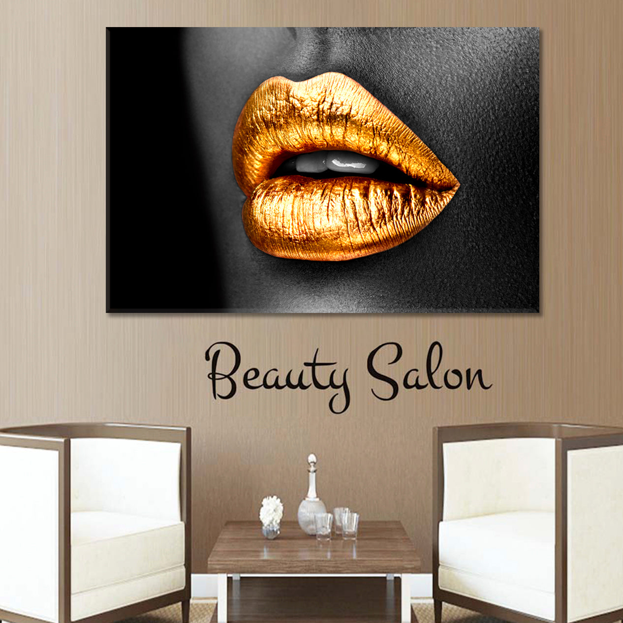 Golden Lipstick Gold Metal Lips Beauty African American Girl Beauty Salon Artwork Prints Artesty 1 panel 24" x 16" 