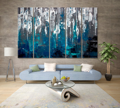 MATRIX FORM Abstract Creative Chaos Blue Acrylic Vivid Variety Paint Brush Elements Texture Grunge Canvas Print Contemporary Art Artesty 5 panels 36" x 24" 