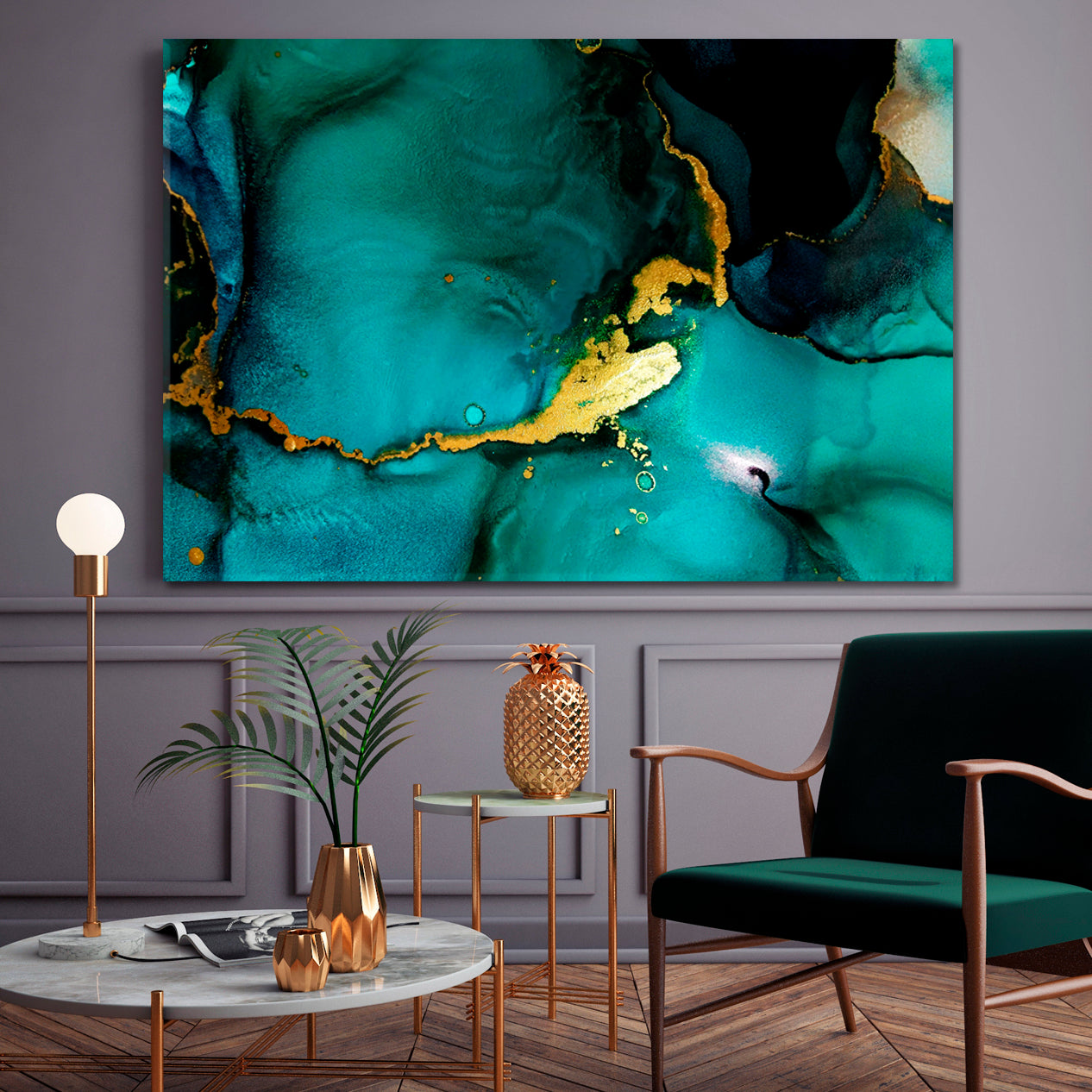 TEAL GREEN Tidewater Gold Effect Luxury Abstract Fluid Art Ink Splash Fluid Art, Oriental Marbling Canvas Print Artesty   