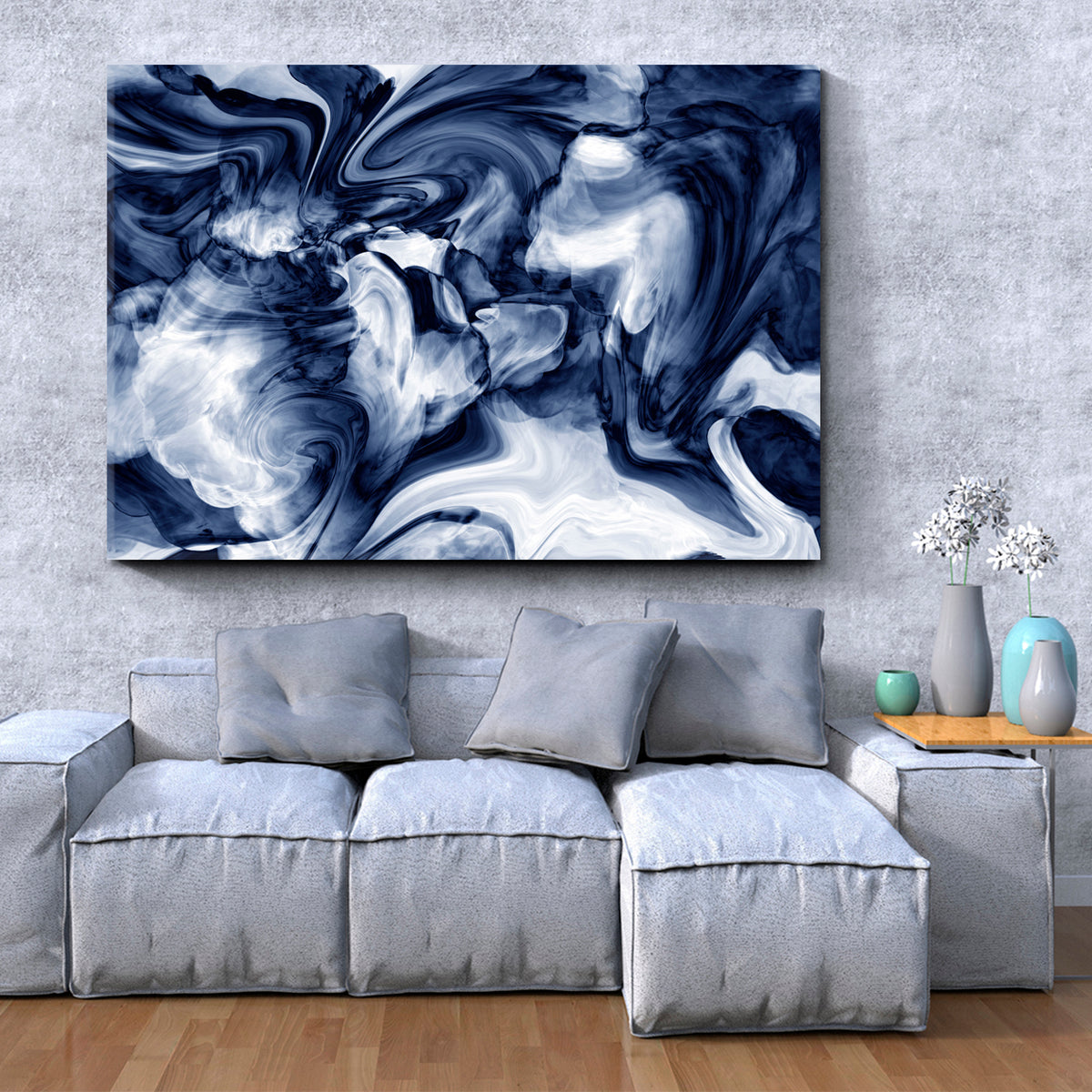 Dark Blue Marble Wavy Lines Abstract Creative Fluid Art, Oriental Marbling Canvas Print Artesty 1 panel 24" x 16" 