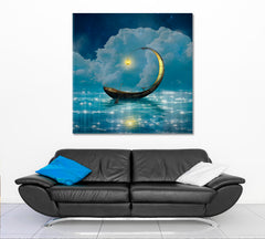 STARRY NIGHT Fantasy Boat Scenery Landscape - Square Panel Fine Art Artesty   