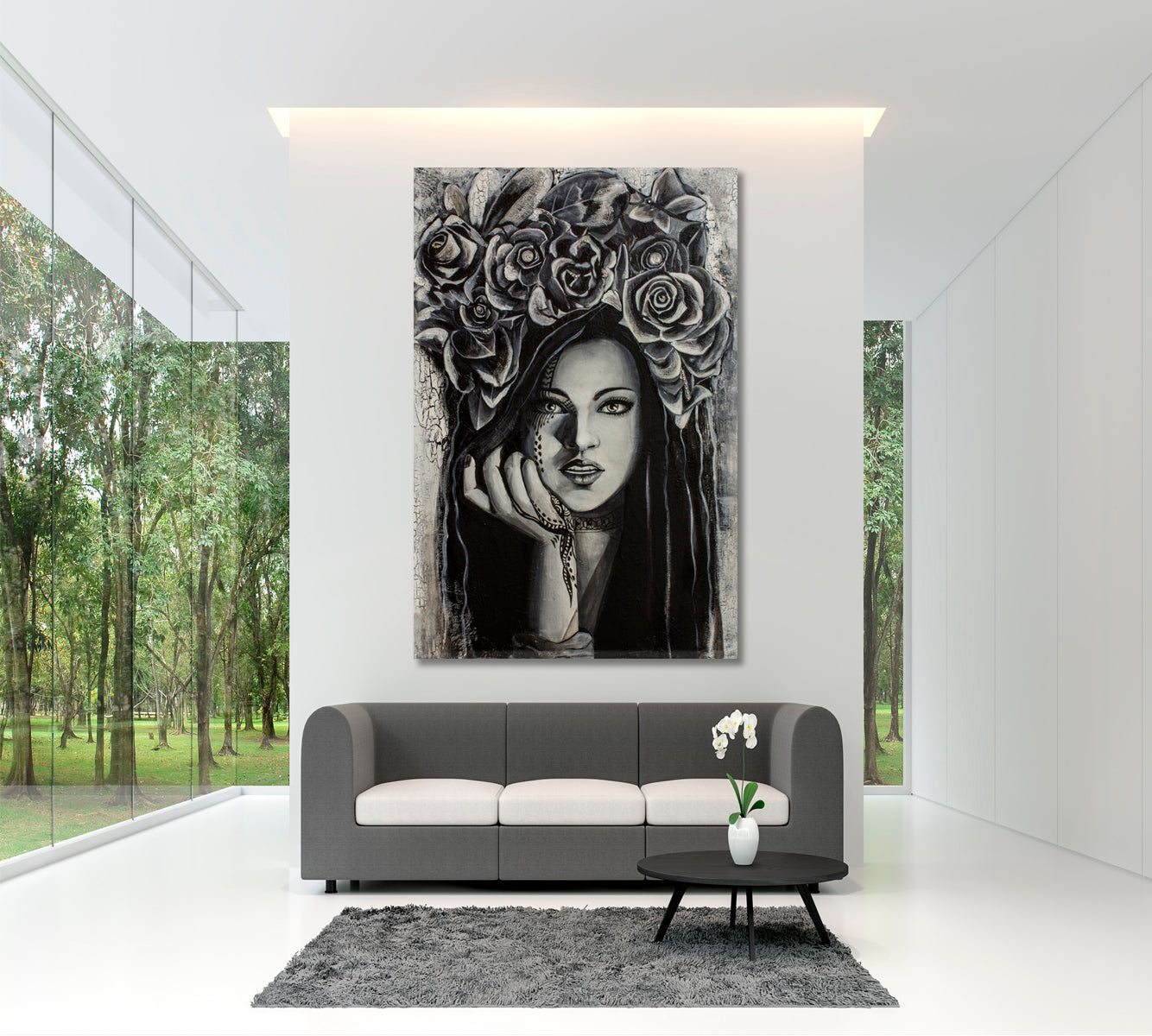 GIRL WITH CROW FLOWERS Beautiful Woman - Vertical 1 panel Black and White Wall Art Print Artesty 1 Panel 16"x24" 