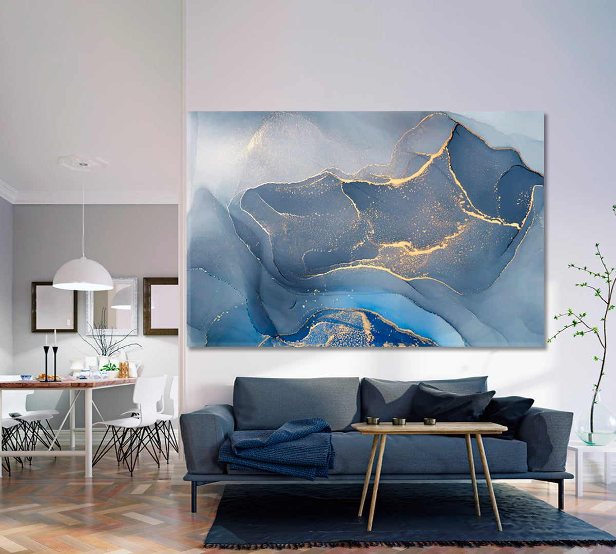 ORIENTAL Abstract Blu Marble Fluid Art, Oriental Marbling Canvas Print Artesty 1 panel 24" x 16" 