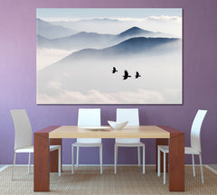 MISTY Mountains Birds Flying Sky Clouds Nature Wall Canvas Print Artesty 1 panel 24" x 16" 