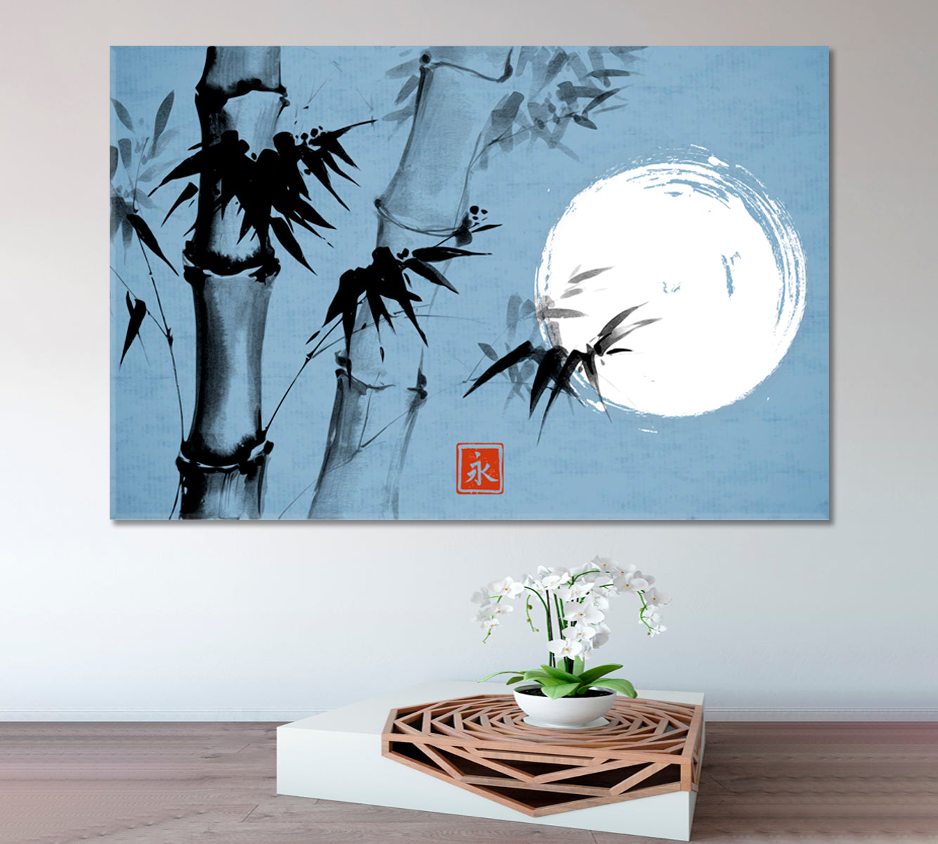 ETERNITY Sumi-e Hieroglyph Bamboo Moon Traditional Japanese Ink Canvas Print Blue Color Asian Style Canvas Print Wall Art Artesty   