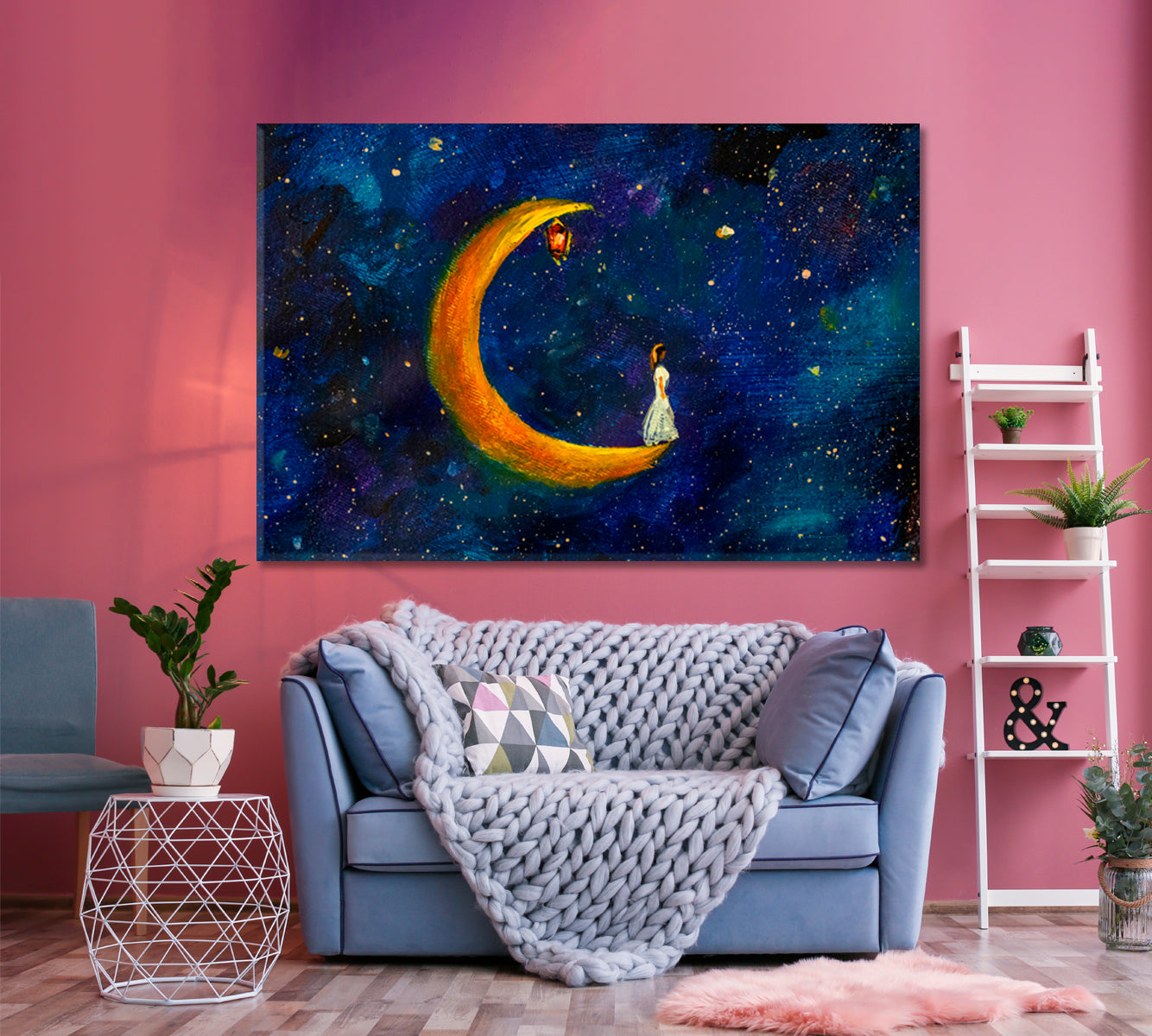 Girl on Big Moon Space Fabulous World Modern Art Impressionism Abstract Landscape Canvas Print Fine Art Artesty   