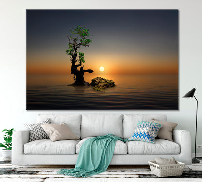 Silent Morning on the Beach Lonely Tree Fantasy Landscape Canvas Print Scenery Landscape Fine Art Print Artesty 1 panel 24" x 16" 