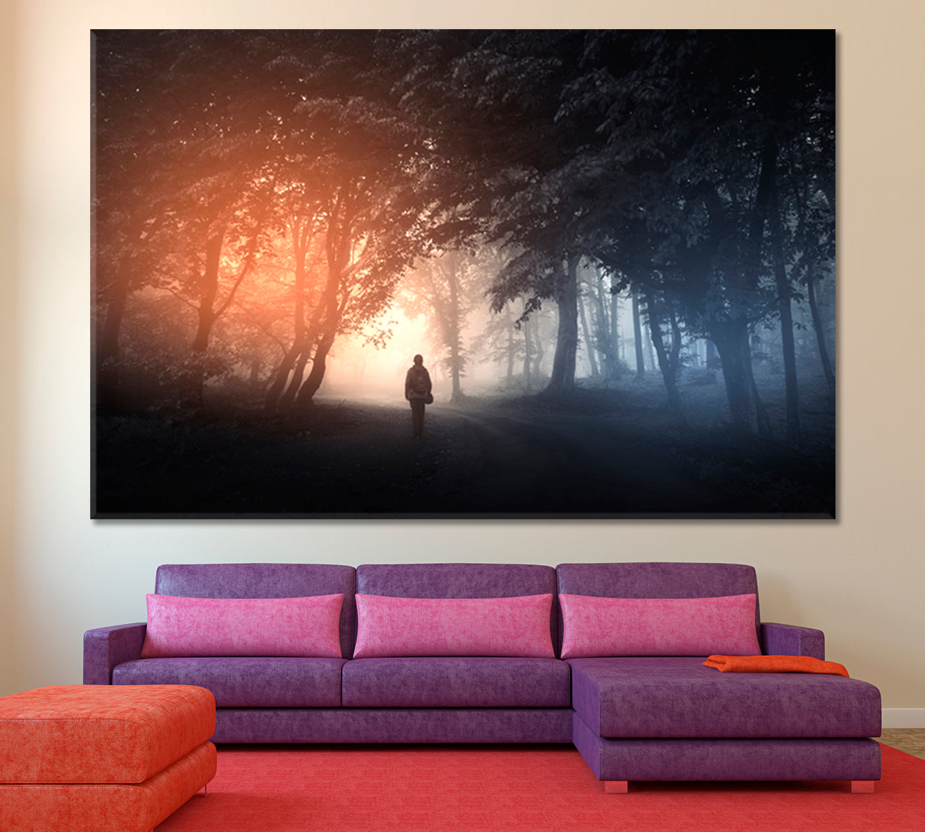PATH TO THE LIGHT Mysterious Landscape Fantastic Surreal Misty Forest Trees Man Walking on the Path Scenery Landscape Fine Art Print Artesty   