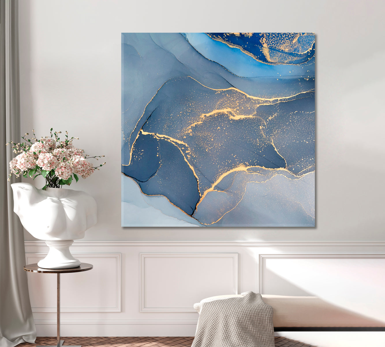 MARBLE ORIENTAL Blue Abstract Modern Fluid Art Suminagashi Ebru | Square Fluid Art, Oriental Marbling Canvas Print Artesty 1 Panel 12"x12" 