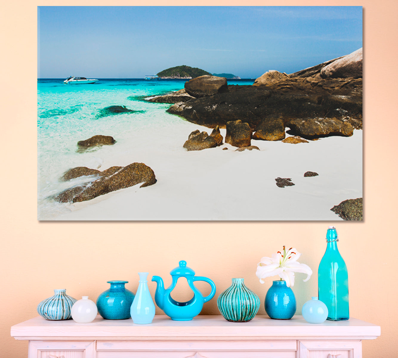 Tropical Island White Sand Beach Sea bay Clear Emerald Water Large Black Stones Idyllic Romantic Place Tropical, Exotic Art Print Artesty   