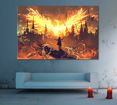 SURREAL FANTASY Mysterious Wizard And Phoenix Canvas Print Surreal Fantasy Large Art Print Décor Artesty   