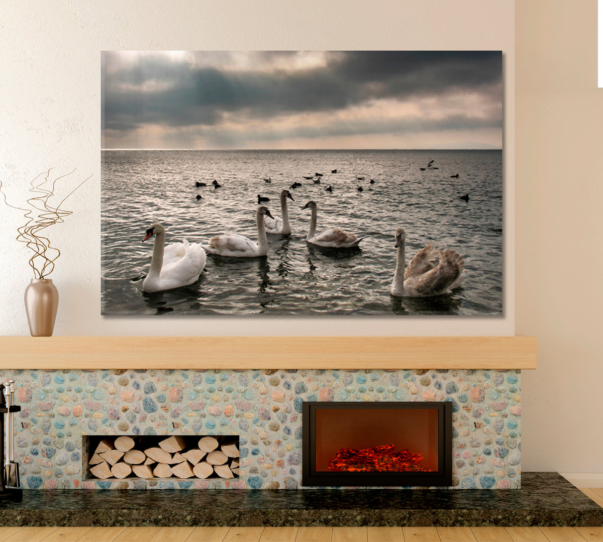 Panoramic Nature Landscape Graceful Wild Swan Flock Beautiful Birds Animals Canvas Print Artesty 1 panel 24" x 16" 