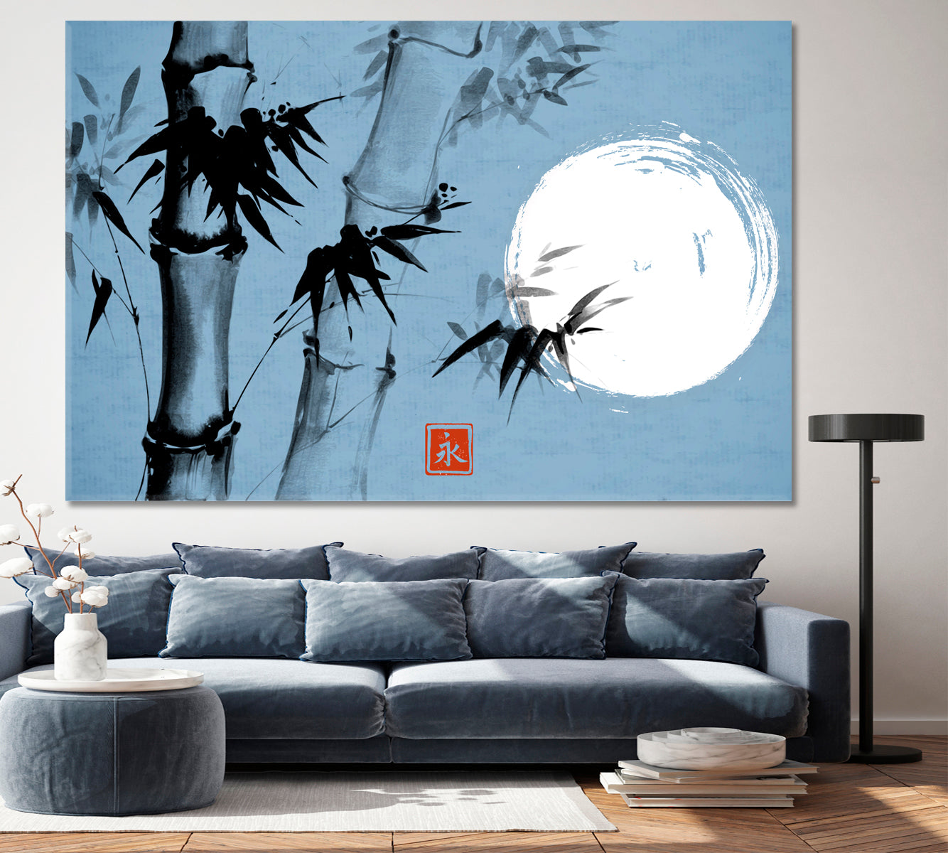 ZEN ETERNITY Bamboo Moon Traditional Japanese Sumi-e Ink Blue Asian Style Canvas Print Wall Art Artesty 1 panel 24" x 16" 