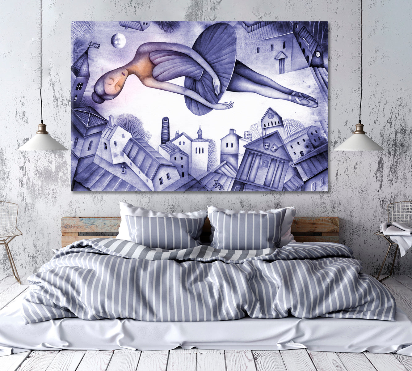 FANTASY Beautiful Ballerina Soars in a Dream Above the City, Cubist Style Canvas Print Cubist Trendy Large Art Print Artesty   