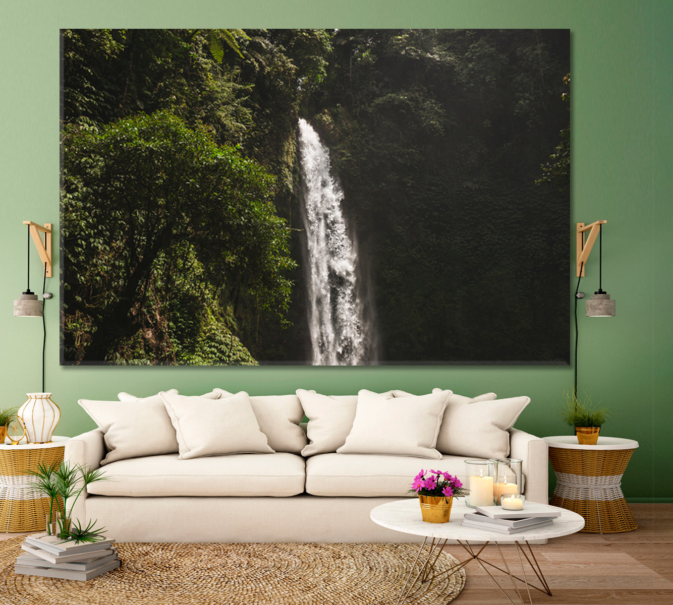 Huge Waterfall Nung Nung Bali Jungle Rainforest Scenic Landscape Nature Wall Canvas Print Artesty 1 panel 24" x 16" 