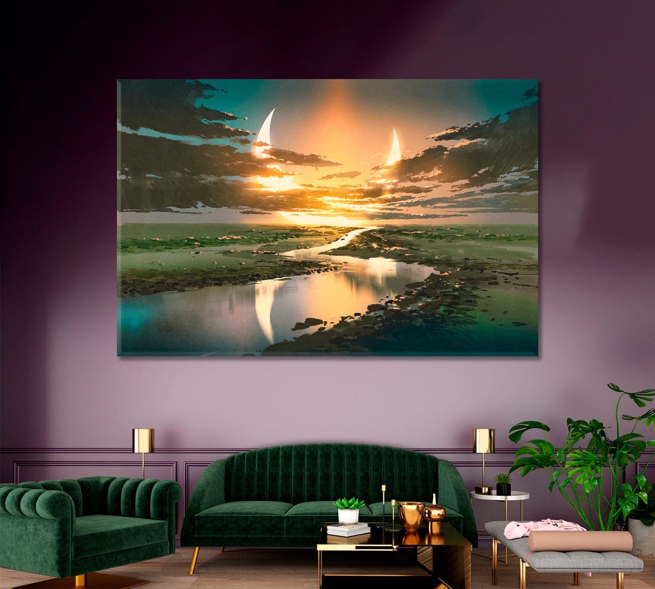 Beautiful Fantasy Landscape Water Road Dark Clouds Crescent Moon Sky Scenery Landscape Fine Art Print Artesty 1 panel 24" x 16" 