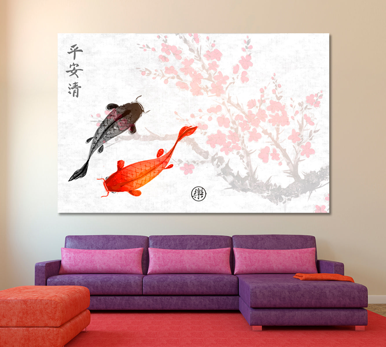 ZEN Sakura Koi Fishes Traditional Oriental Peace Tranquility Clarity Joy Asian Style Canvas Print Wall Art Artesty   